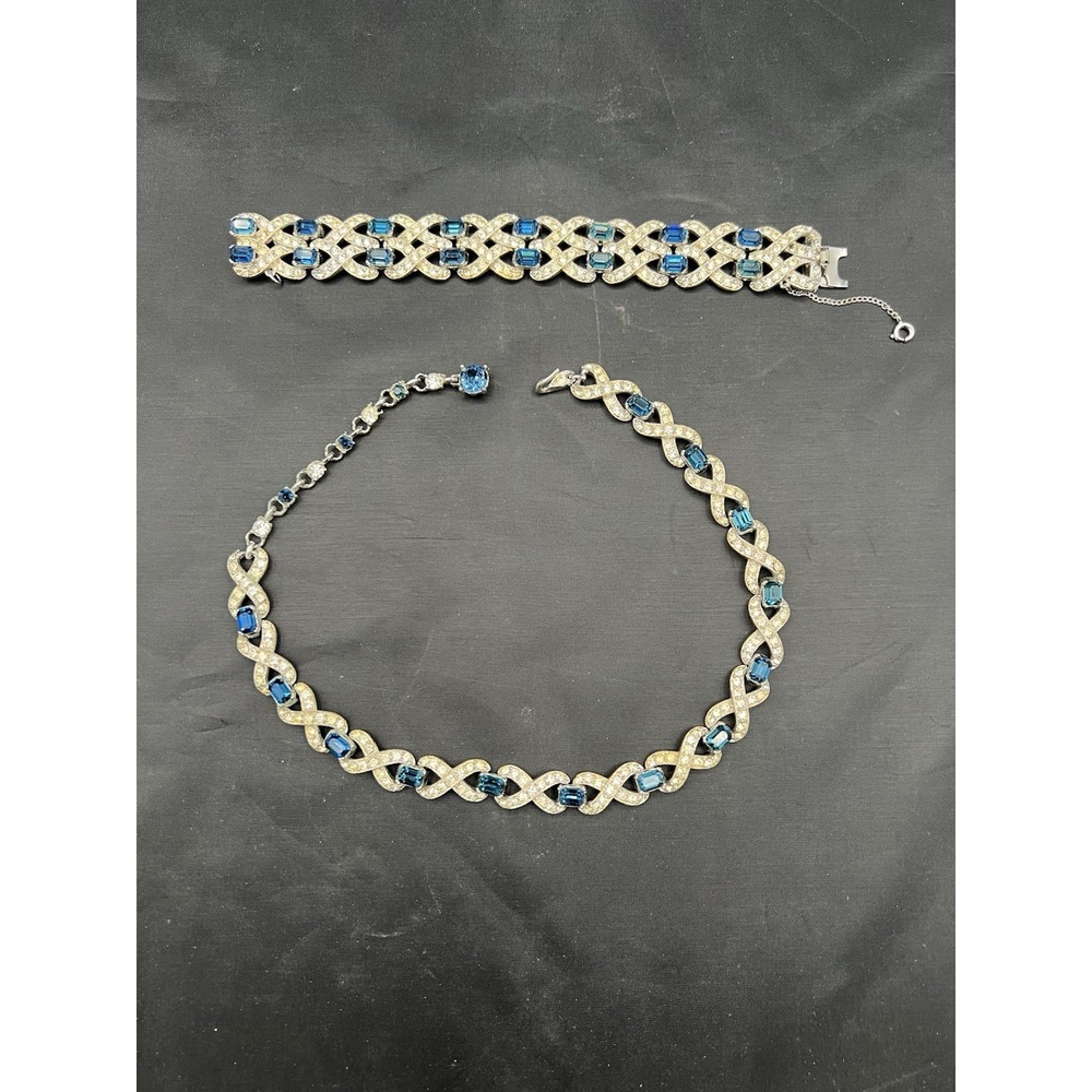 Vintage Bogoff Blue Clear Rhinestone Necklace And Bracelet Set Art Deco Jewelry